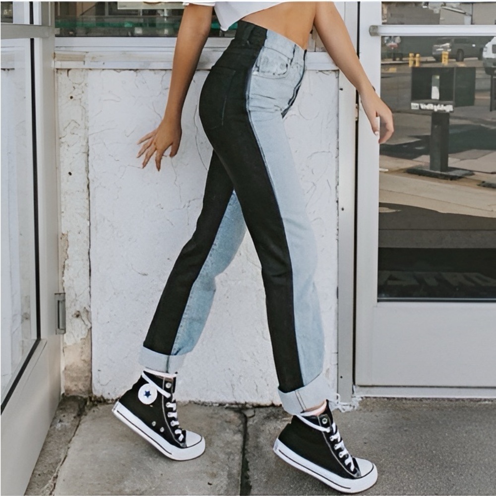 NWT REVICE High Rise Harlow Straight Leg Two-Tone Jeans in Black and Blue